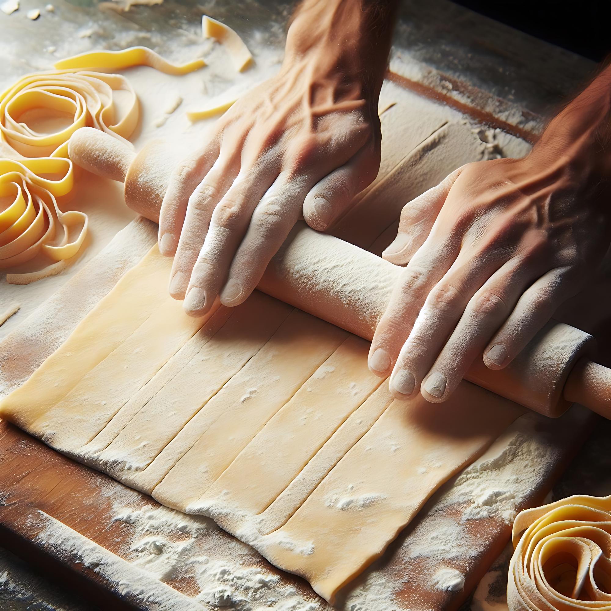 Mani di uno chef al lavoro su pasta fresca